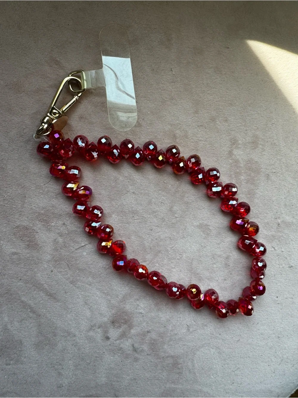 Red Beaded Phone Wrist Strap with Faceted Crystal Accent